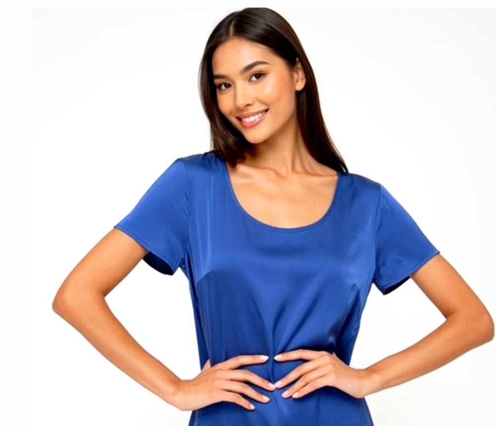 Quince Silk Blend Top Blue Short Sleeve Keyhole Back Womens S